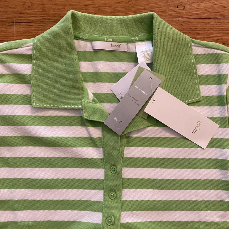 Lizgolf Polo Shirt Womens Medium Green White Stripe Performance Stretch - Image 2 of 4