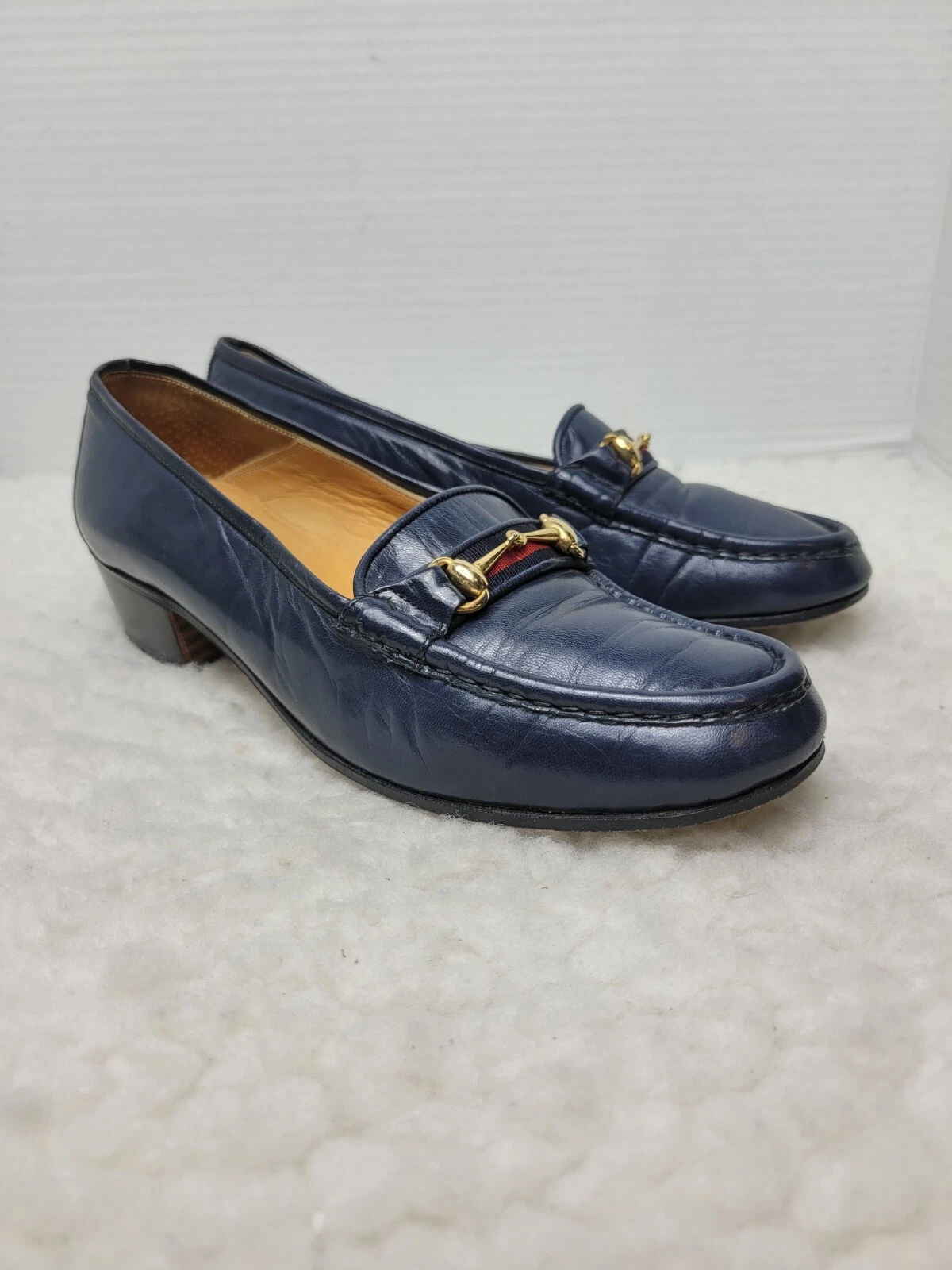 Mocassins Gucci Penny femme vintage années 70 pointure 6,5 cuir bleu Horsebit chaussures
