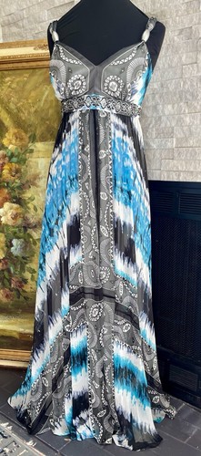 NWT White House Black Market Blue Maxi Dress Sequin Waist Flowey V Neck Size 6 - Picture 3 of 17