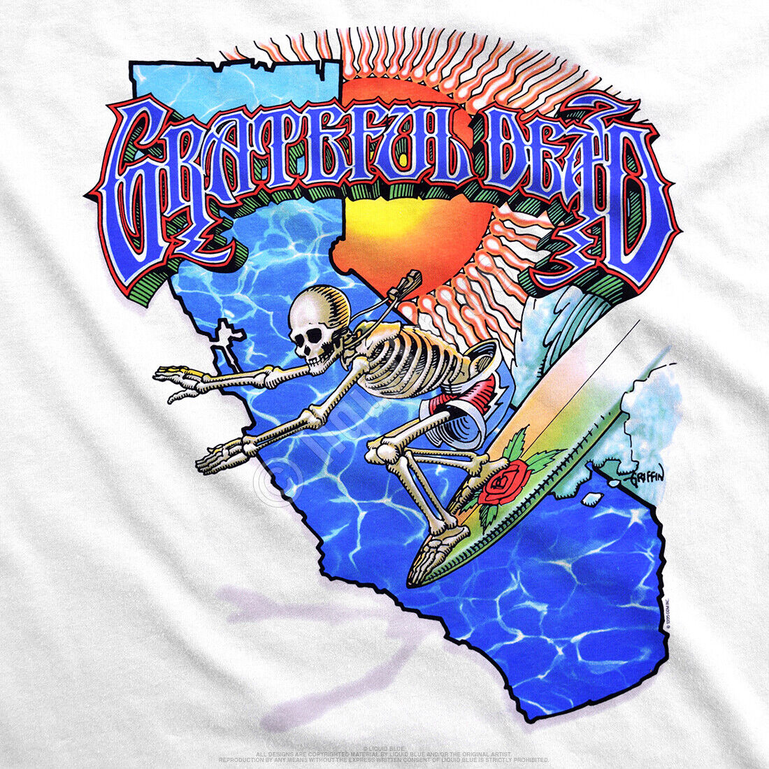 GRATEFUL DEAD-CALIFORNIA SURFER-SKELETON-ROSE-T SHIRT S-M-L GRATEFUL DEAD-CALIFORNIA SURFER-SKELETON-ROSE-T SHIRT S-M-L