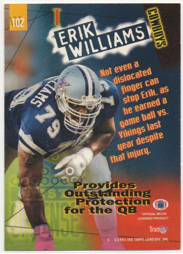 Erik Williams 1994 Stadium Club First Day #102 Dallas Cowboys Daryl Johnston #2 - Image 2 of 2