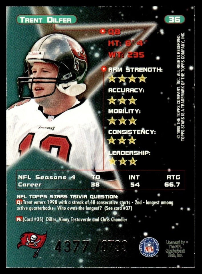 1998 Topps Stars Trent Dilfer /8799 Tampa Bay Buccaneers #36 - Image 2 of 2