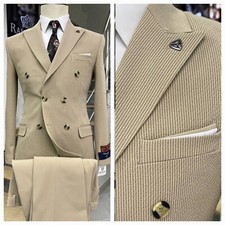 Beige Double Breasted Slim Fit Suit