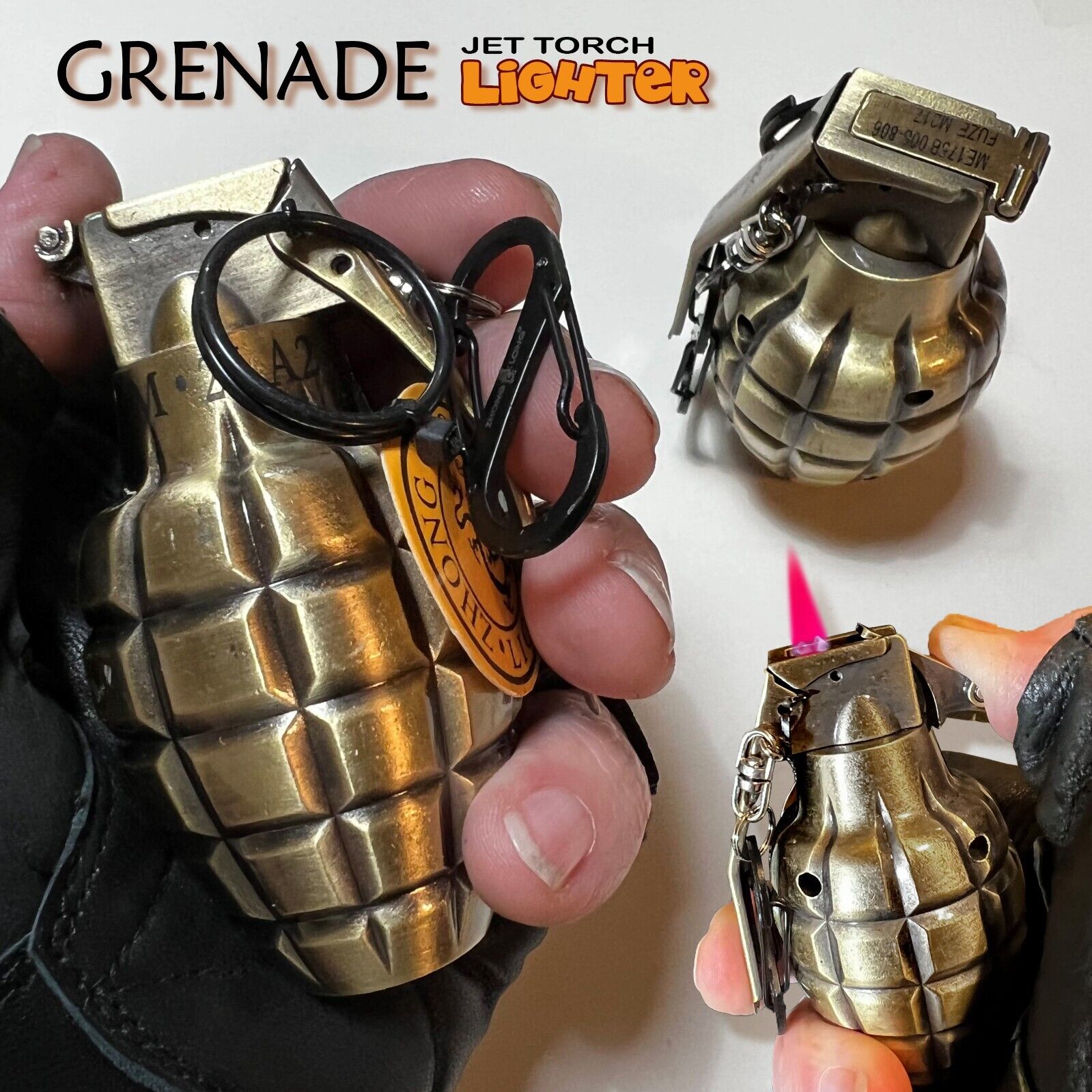 Grenade Shaped *METAL* Butane LIGHTER 3.5 Military Gold Adjustable Torch Flame
