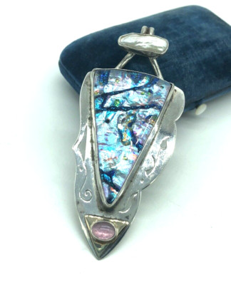David Lee & Sassi LaMuth Light Blue Dichroic Glass Sterling 14k Gold Pendant