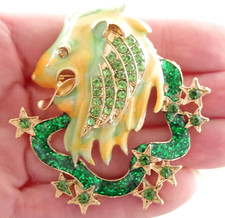 2 3/8" NWOT DESIGNER STYLE LEO ZODIAC HOROSCOPE LION GLITTER & RHINESTONE BROOCH