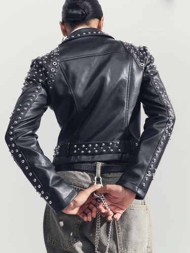 Studded Women Black Leather Motorcycle Jacket - Picture 13 of 16