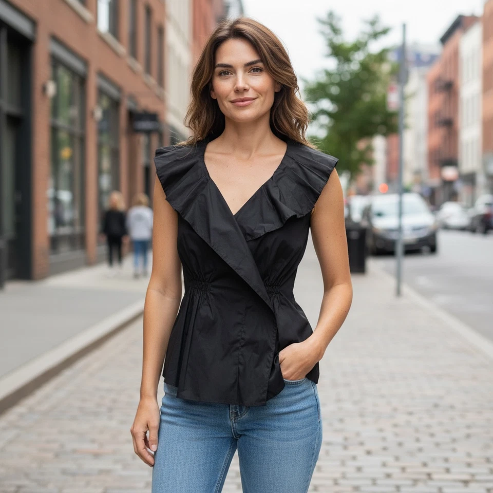 Nuevo con etiquetas Top Twenty One sin mangas con volantes cuello en V imitación envolvente talla S negro 167A Foto 2 de 4