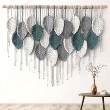 Large Macrame Wall Hanging Boho Leaf Woven Tapestry Teal