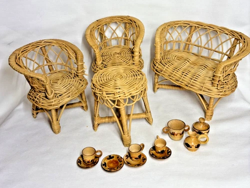 Vintage 1960'Barbie Size Furniture Wicker Rattan Doll Set Sturdy and wood dishes