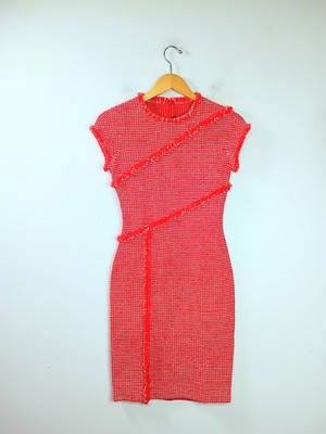 NEW St John Crew Neck Fringe Tweed Knee-Length Dress Geranium Red-Orange 0 $1095