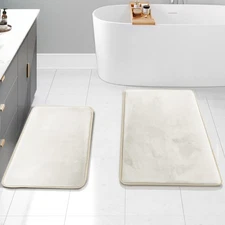2 PCS Bathroom Rugs Bath Mat Set Velvet Memory Foam Non Slip Washable White
