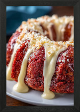 Red Velvet Bundt Cake with Glaze Framed Wall Art Poster Canvas Print Picture