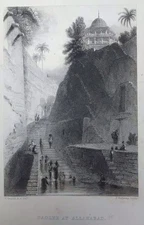 Antique Steel Engraving Print Indian  Art Stepwell Baoli Allahbad