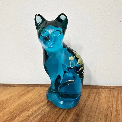 Fenton Glass Sitting Cat Figure Hand Painted Flowers Teal Blue SIGNED