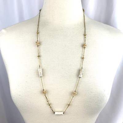 Long Station Necklace Gold Tone Cream Stone Dainty Delicate Knotted Knot Vintage
