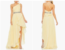 MAC DUGGAL 49532 PLEATED ONE SHOULDER ASYMMETRICAL RUFFLE HEM BUTTER GOWN sz 8