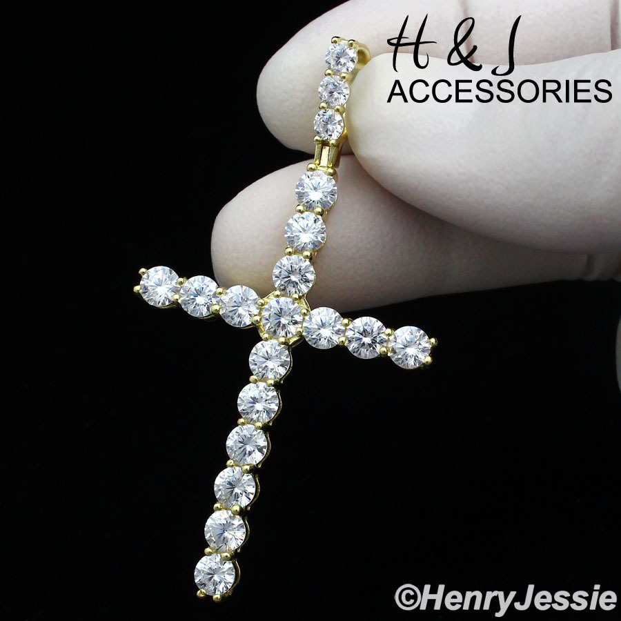 MEN WOMEN 925 STERLING SILVER ICY BLING CZ 3D GOLD PLATED CROSS PENDANT ...