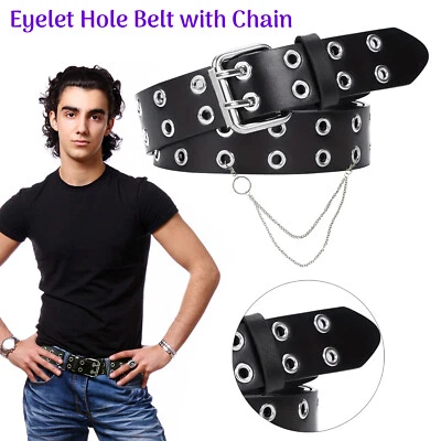 Punk Leder Taille Gürtel Nieten Ösen Nieten Doppel Ösen Schnalle Kette Unisex - Bild 1 von 4