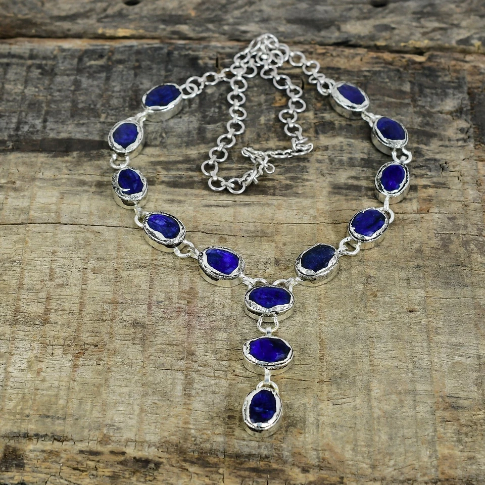 Zaffiro Blu Creato IN Laboratorio Gemma Elettroformati 925 Argento Collana - Immagine 2 di 4