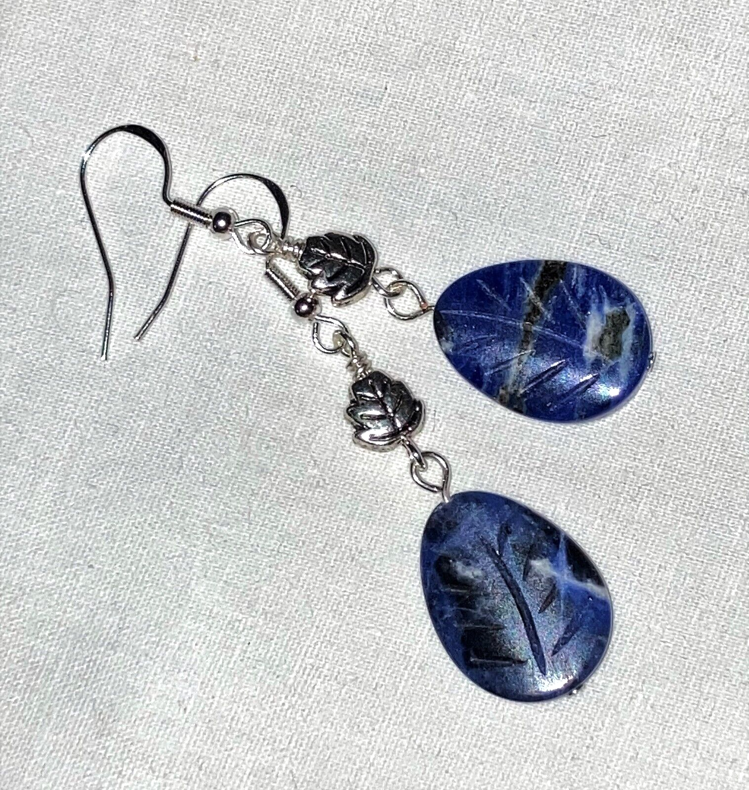 Blue Sodalite Gemstone Carved Leaf Charm 925 Silver Dangle Artisan Earrings Gift