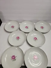 Vintage Imperial Rose China Bowls 8 Inch Set of 7 White Silver Trim Rose Design