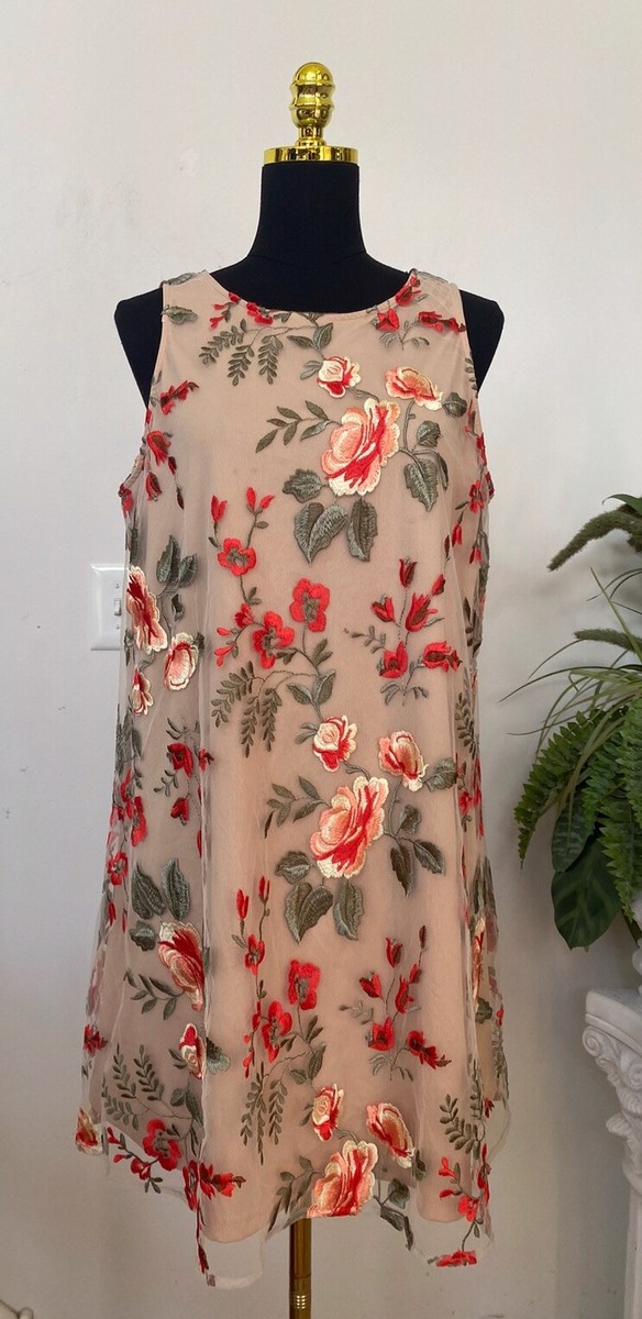 Beige by Eci Women's Red Floral Embroidery Overlay Sleeveless Shift Dress  Size L