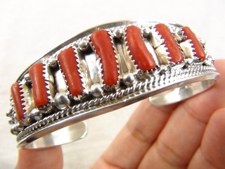 Navajo Richard Rita Begay 28g 6 7/8" Sterling 7 Coral Cuff Bracelet Native