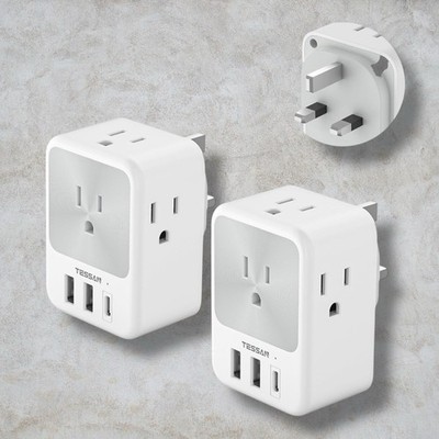 UK Travel Plug Adapter 2 Pack with 4 Outlet USB C for US to England Ireland UK
