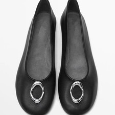 Massimo Dutti Women's Black Suede Flats Metal Detail Slip On Casual Shoes