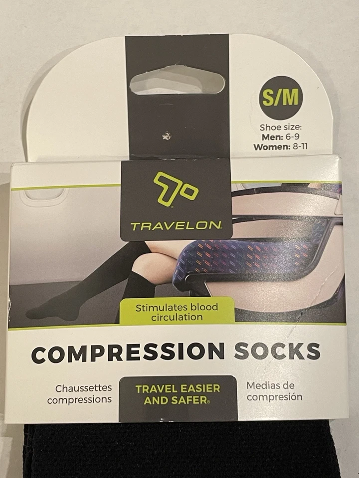 NUEVO Unisex Travelon Calcetines de Viaje de Compresión NEGROS Hombres 6-9 Mujeres 8-11 S/M Foto 3 de 3