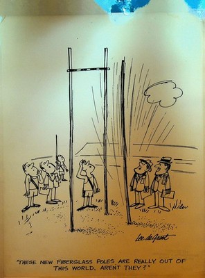 Lee DeGroot Original Art Gag Pole Vaulting New Fiberglass Poles