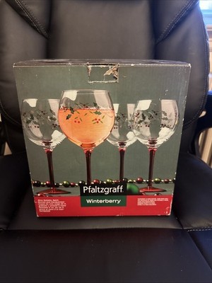 Pfaltzgraff Winterberry Wine Goblets Set of 4 Red Stem Hand Painted 13oz