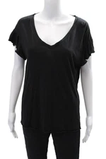 Michael Stars Womens Cotton Ruffled Sleeve V-Neck Casual T-Shirt Black One Size