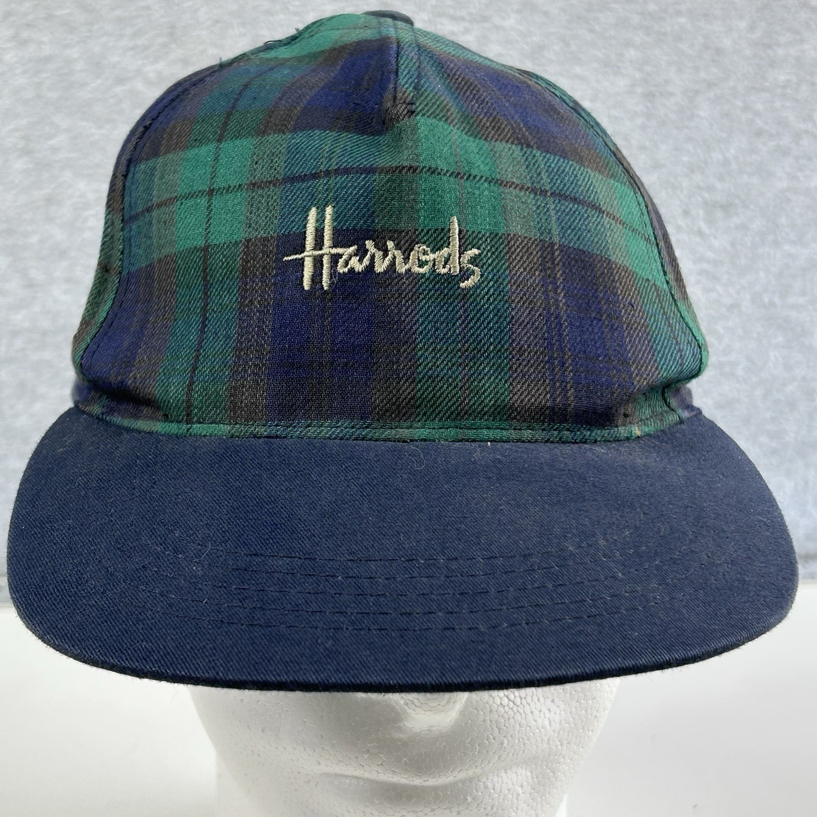 VTG Harrods of London Baseball Cap Hat Tartan Plaid Navy Blu