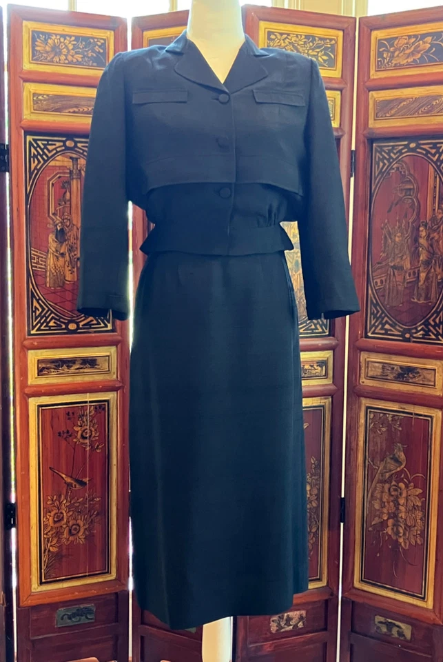 1950s Harzfelds Ladies Vintage Gray-Black Silk Jacket & Skirt Suit Blouson Style - Image 2 of 4