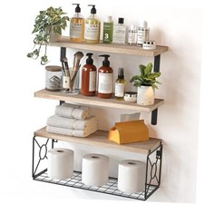 Amada Bathroom Shelves Over Toilet with Storage Basket, Floating Natural Wood