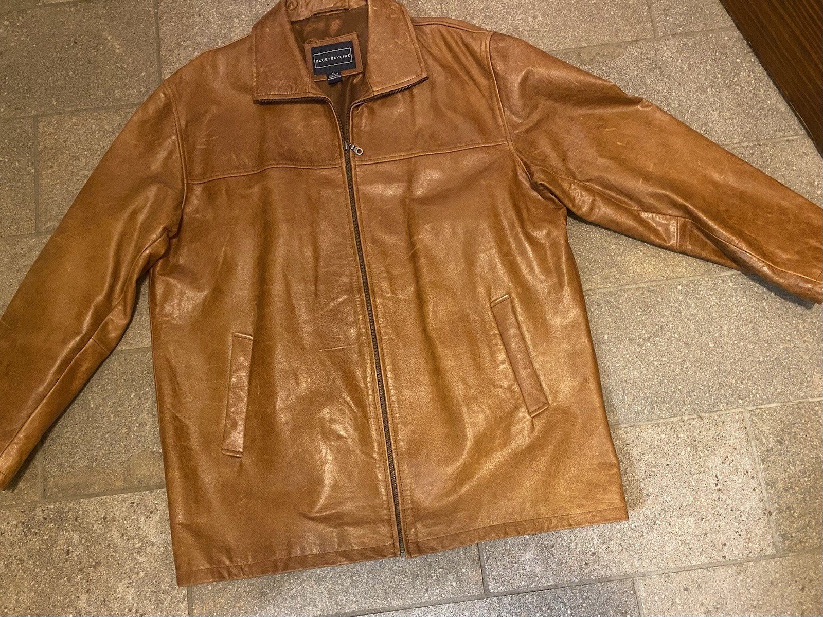 Blue Skyline Men’s Xlarge 100% Leather Jacket Car Coat Carmel Brown