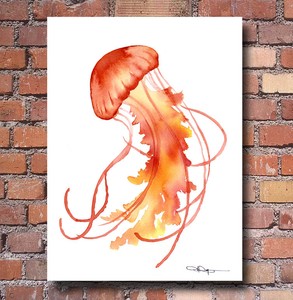 Orange Jellyfish Watercolor Painting Art Print By Artist Dj Rogers Ebay