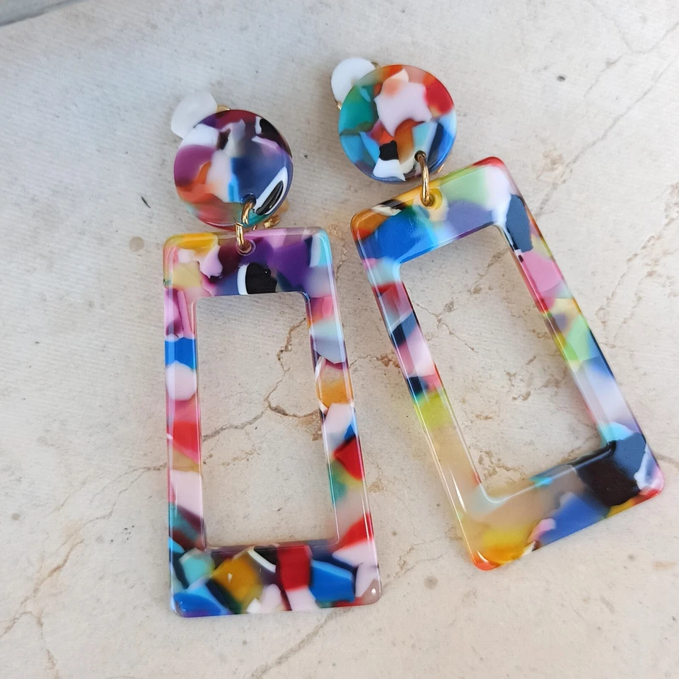 Long Clip Earrings Lightweight Geometric Retro Acrylic Pop Art Colourful Spring - Image 4 of 4