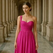 Aspeed Hot Pink Ruched One-Shoulder Formal Evening Gown Maxi Prom Dress Size M