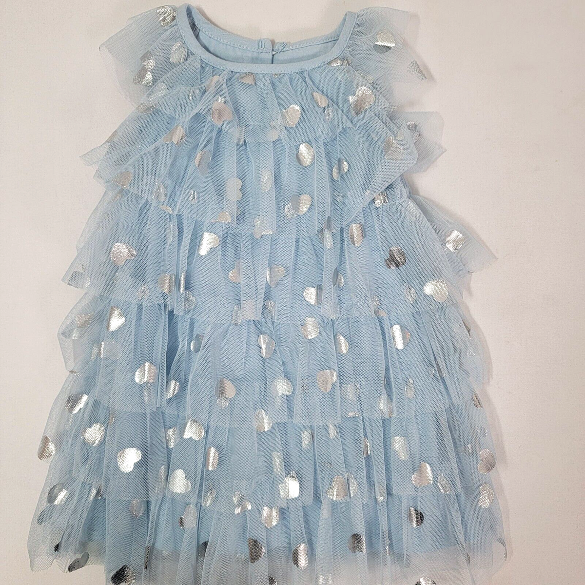 Biscotti baby infant girl Blue Dress Silver Hearts layers tulle 12M 12 M  month