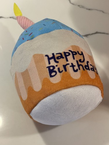 Dog Plush Toy with Squeaker, Happy Birthday Cake with Candle, 8" - Picture 2 of 3