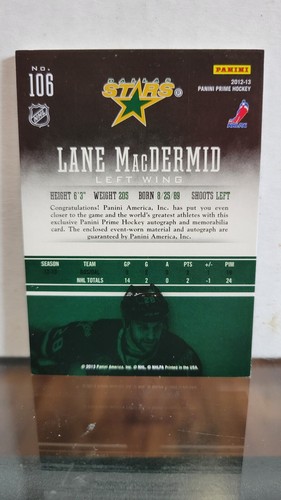 2013 Panini Prime Hockey Lane MacDermid #106 Rookie RC 4 Patch Relic Auto /249 - Picture 2 of 2