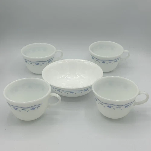 Set of 5 Vintage Pyrex Morning Blue Flower Milk Glass Coffee Tea Cups And Bowl