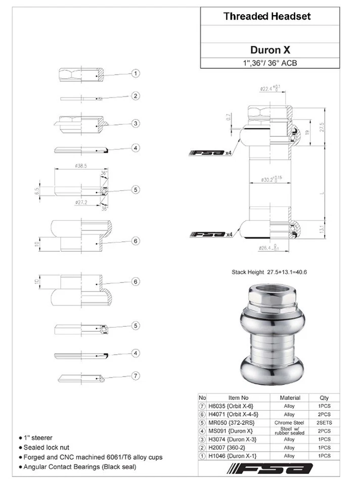 FSA Duron X 1" 1 in 22.4/26.4mm Threaded Bike Headset Silver - Image 4 of 4