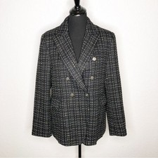Mina Self black white metallic tweed striped double breasted blazer size XL