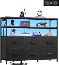 Black Dresser for Bedroom, 6 Drawer Dressers with LED Lights and Charging Statio