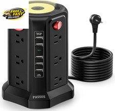 Surge Protector Power Strip Tower with 5 USB Ports and Night Light, 10FT