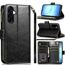 For Samsung A17 5G Case Luxury Phone Wallet with Zipper Wristlet Tempered Glass